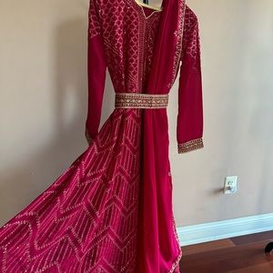 Stunning Hot Pink Georgette Embroidered Gown with Matching Dupatta